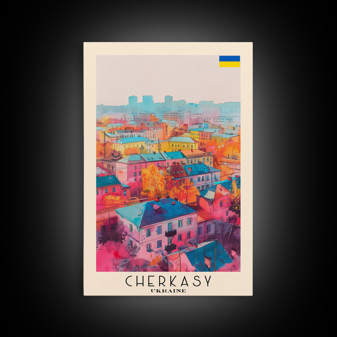 Cherkasy Ukraine Travel Poster Framed Canvas Print, Wall Art, Home Decor, Travel Print, Boho Watercolor Painting, Original Art