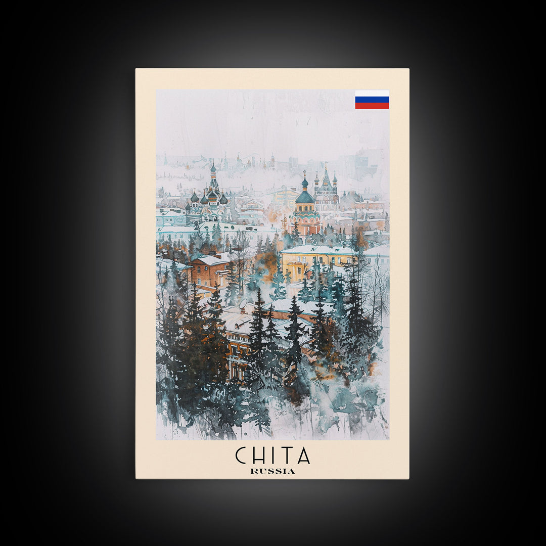 Chita Russia Travel Poster Framed Canvas Print, Wall Art, Home Decor, Travel Print, Abstract Watercolor Painting, Original Art