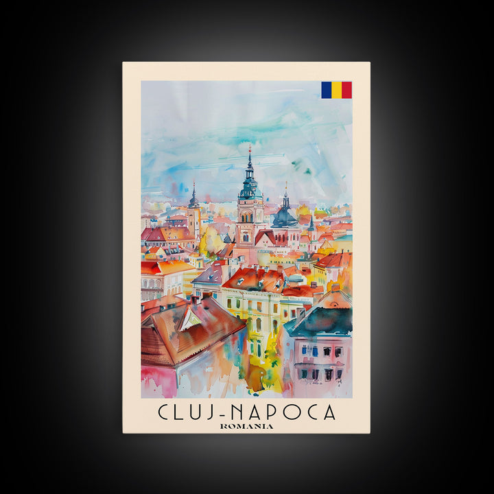 Cluj-Napoca Romania Travel Poster Framed Canvas Print, Wall Art, Home Decor, Travel Print, Boho Watercolor Painting, Original Art