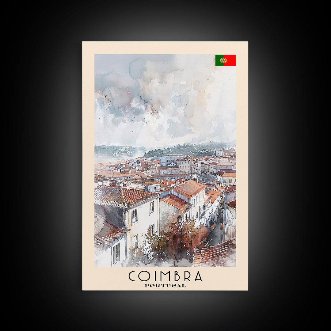 Coimbra Portugal Travel Poster Framed Canvas Print, Wall Art, Home Decor, Travel Print, Minimalist Watercolor Painting, Original Art