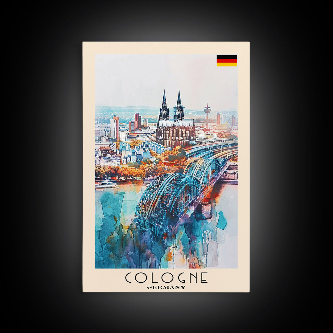 Cologne Germany Watercolor Travel Poster, Wood Framed Canvas Print, Boho Wall Art, Living Room Decor, Original Artwork, Cityscape Home Decor, Travel Print