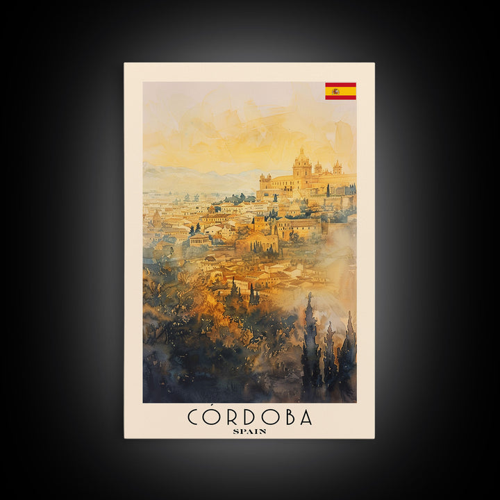 Cordoba Spain Travel Poster, Framed Canvas Print, Watercolor Cityscape Art, Wall Decor, Living Room Artwork, Home Decor, Original Painting, Travel Print