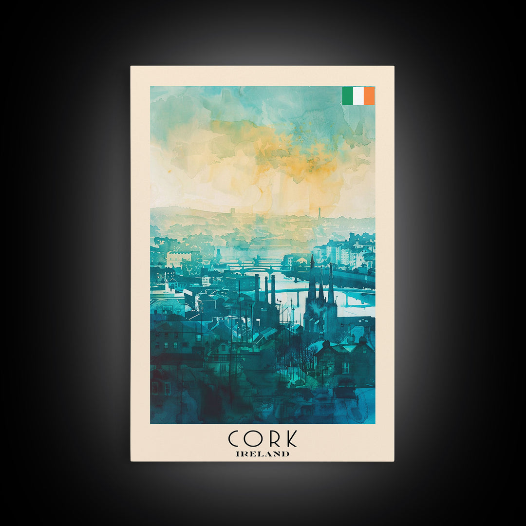 Cork Ireland Watercolor Travel Poster, Framed Canvas Print, Cityscape Wall Art, Home Decoration, Living Room Decor, Original Artwork, Travel Print