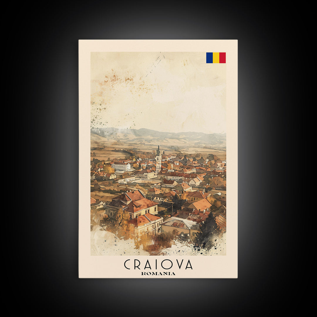 Craiova Romania Watercolor Cityscape, Framed Canvas Print, Travel Poster Art, Home Decor, Living Room Wall Art, Original Painting, Travel Print