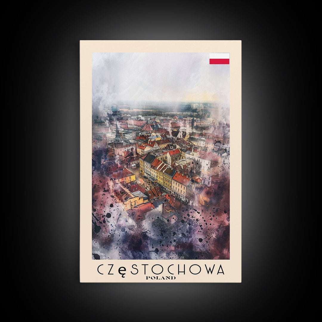 Czestochowa Poland Framed Canvas Print, Watercolor Travel Poster, Cityscape Wall Art, Home Decor, Living Room Artwork, Original Art, Travel Print