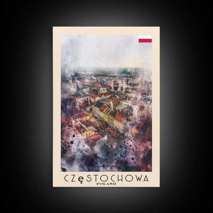 Czestochowa Poland Framed Canvas Print, Watercolor Travel Poster, Cityscape Wall Art, Home Decor, Living Room Artwork, Original Art, Travel Print