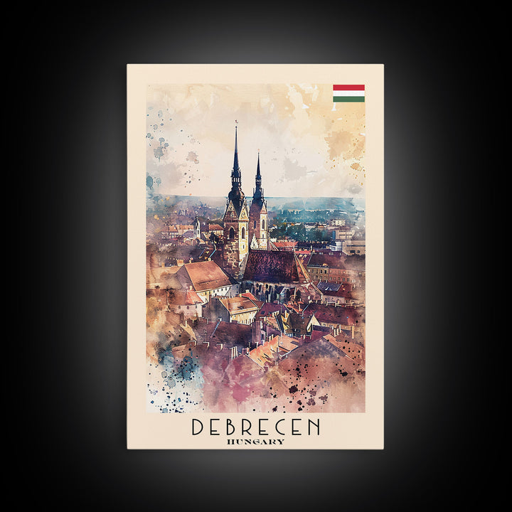 Debrecen Hungary Travel Poster, Framed Canvas Print, Watercolor Cityscape, Home Decor, Living Room Wall Art, Original Painting, Travel Print