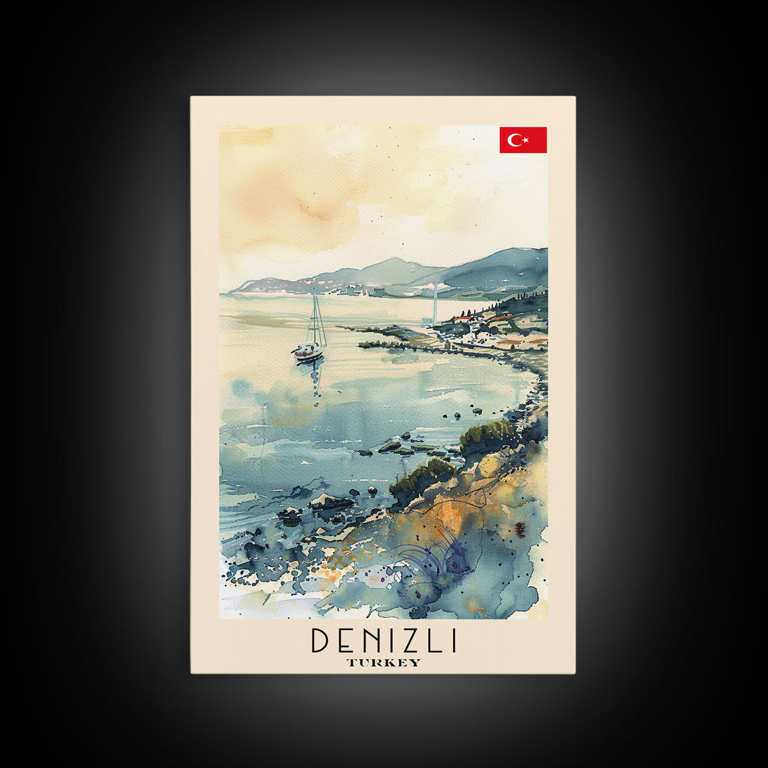 Denizli Turkey Watercolor Travel Poster, Framed Canvas Print, Coastal Cityscape Wall Art, Home Decor, Living Room Decoration, Original Artwork, Travel Print