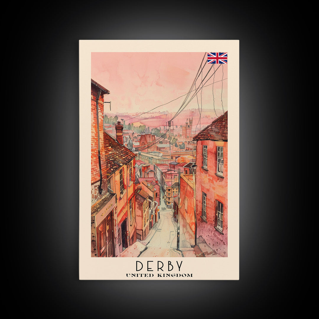 Derby United Kingdom Scenic Watercolor Framed Canvas Print, Vintage Travel Poster, British Wall Art, Rustic Home Decor, Retro Urban Artwork, Living Room Decoration
