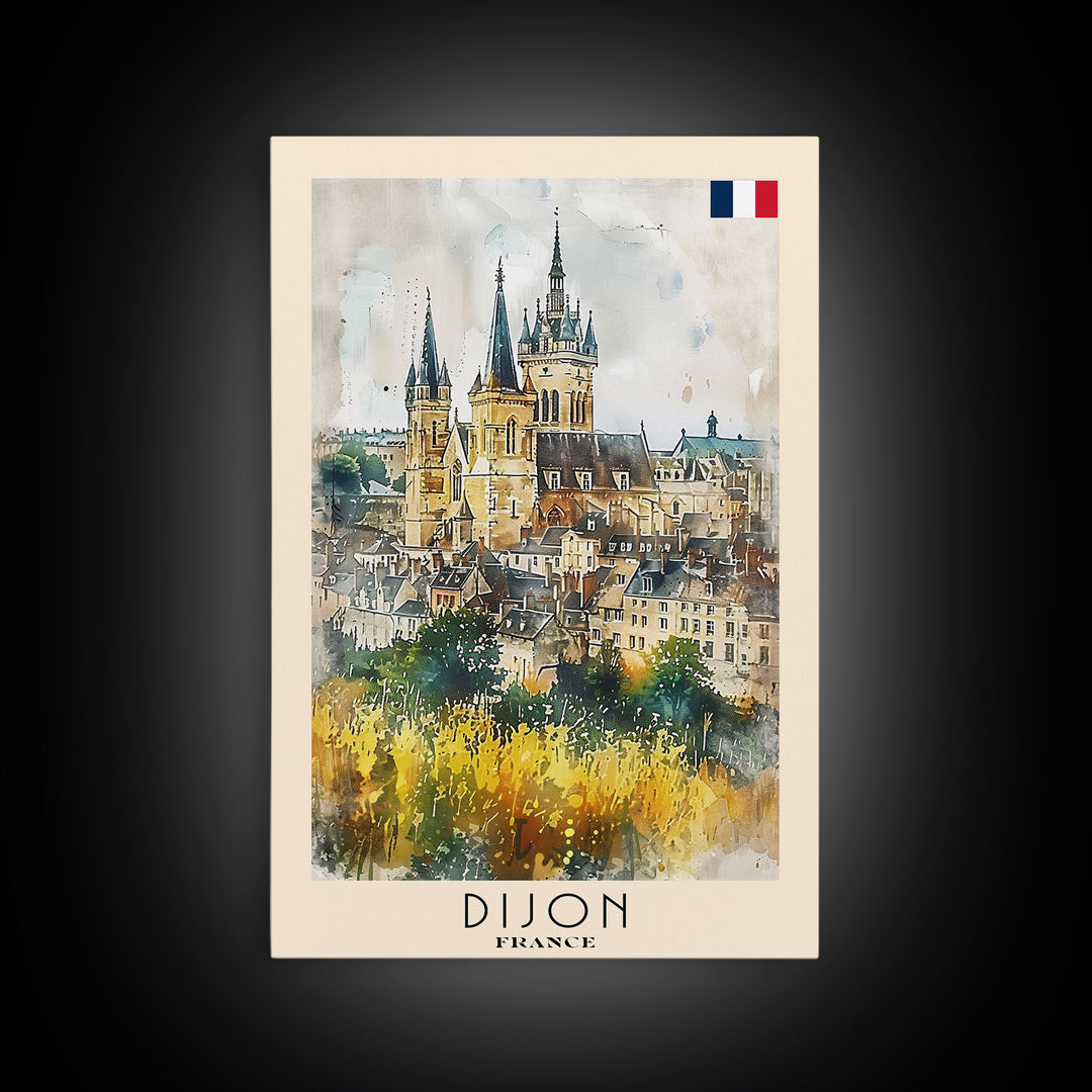 Dijon France Historic Landmark Framed Canvas Print, Watercolor Travel Poster, French Heritage Art, Classic Home Decor, Retro Wall Art, Living Room Piece