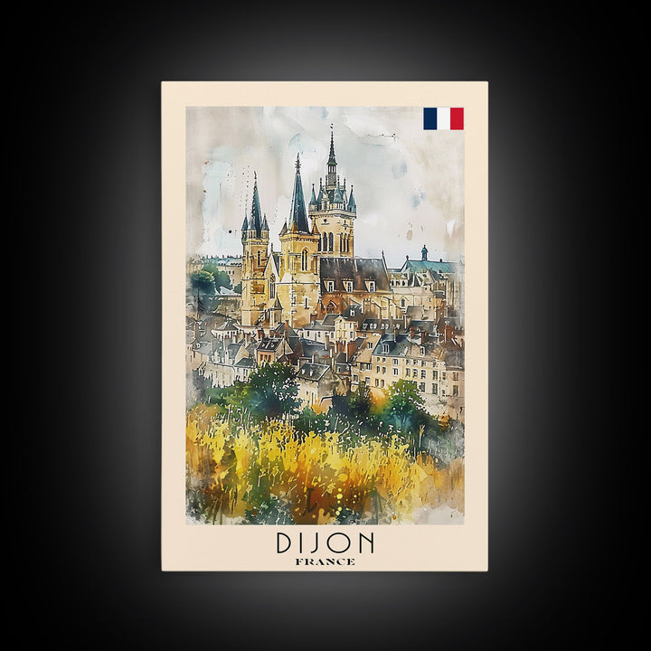 Dijon France Historic Landmark Framed Canvas Print, Watercolor Travel Poster, French Heritage Art, Classic Home Decor, Retro Wall Art, Living Room Piece