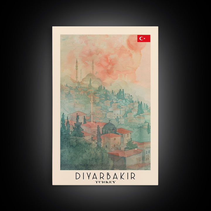 Diyarbakir Turkey Cultural Heritage Framed Canvas Print, Vintage Travel Poster, Turkish Watercolor Art, Exotic Home Decor, Historical Wall Art, Living Room Display