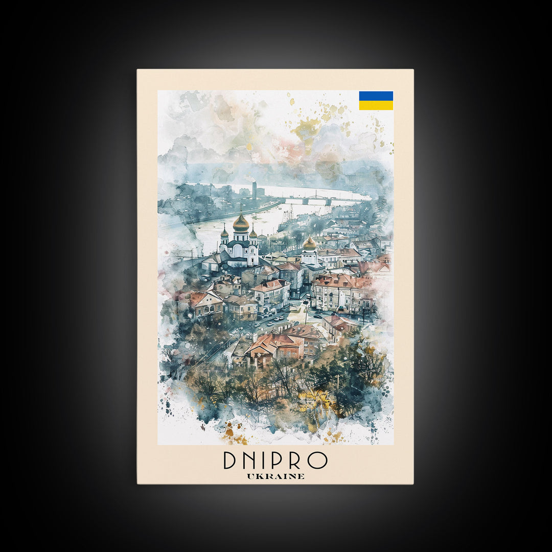 Dnipro Ukraine Urban Landscape Framed Canvas Print, Watercolor Travel Poster, Eastern European Wall Art, Elegant Home Decor, Retro Cityscape Art, Living Room Accent