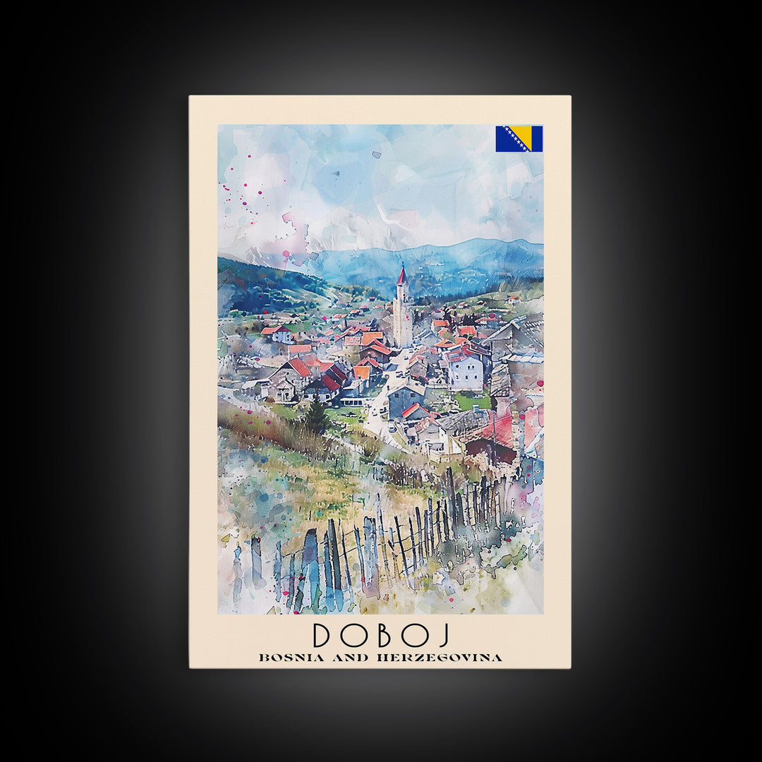 Doboj Bosnia and Herzegovina Countryside Framed Canvas Print, Watercolor Travel Poster, Bosnian Scenic Art, Cozy Home Decor, Rustic Wall Art, Living Room Decor