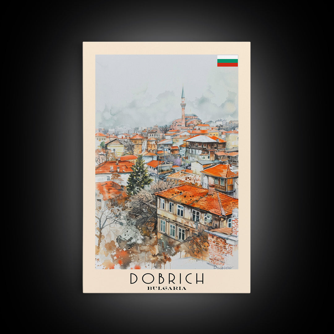 Dobrich Bulgaria Quaint Town Framed Canvas Print, Watercolor Travel Poster, Bulgarian Village Art, Rustic Home Decor, Vintage Wall Art, Living Room Enhancement