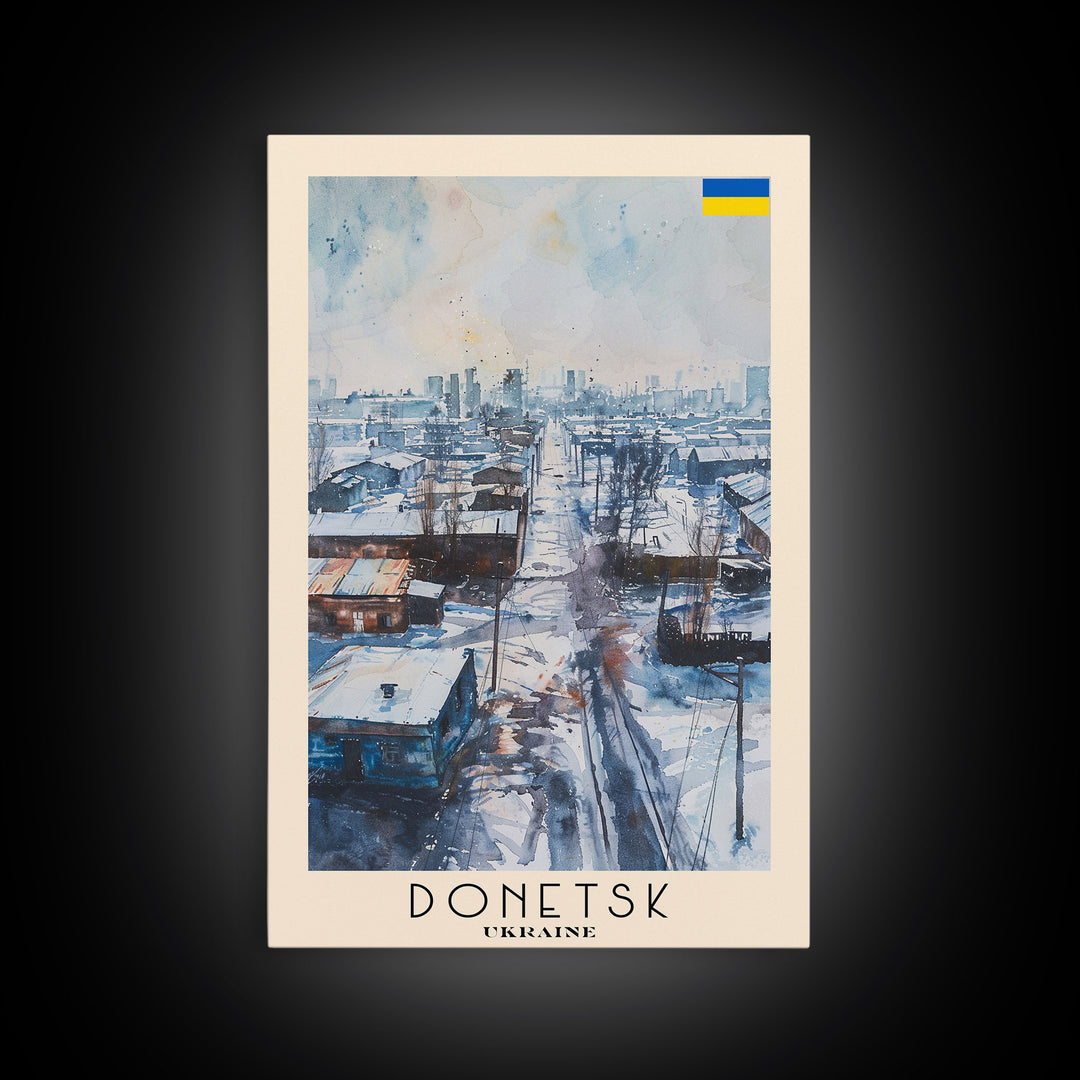 Donetsk Ukraine Winter Scene Framed Canvas Print, Watercolor Travel Poster, Ukrainian Urban Art, Cold Season Decor, Unique Wall Art, Living Room Decoration