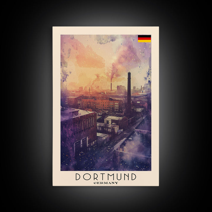 Dortmund Germany Industrial Cityscape Framed Canvas Print, Watercolor Travel Poster, German Urban Art, Modern Home Decor, Industrial Wall Art, Living Room Design