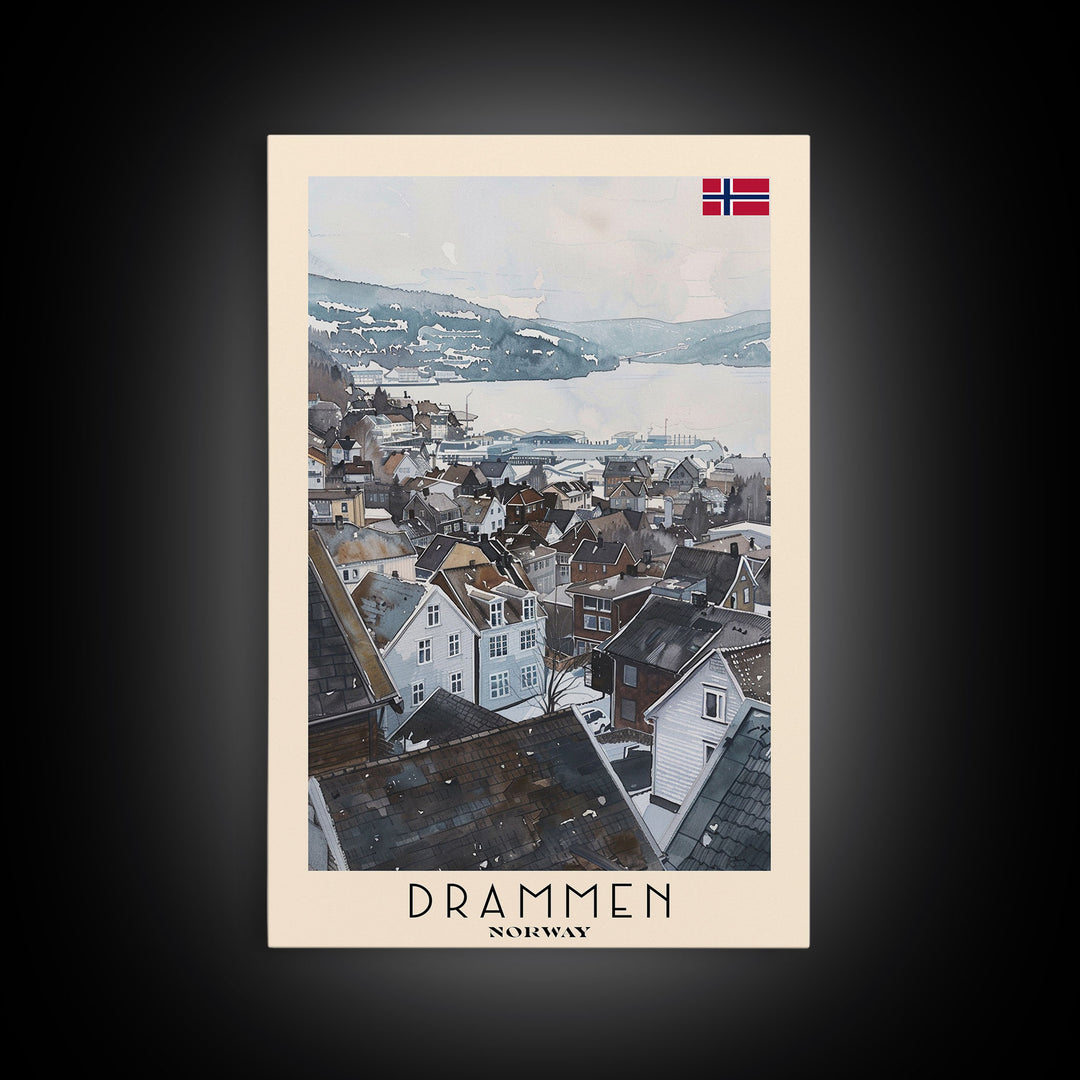 Drammen Norway Serene Landscape Framed Canvas Print, Watercolor Travel Poster, Norwegian Scenic Art, Tranquil Home Decor, Peaceful Wall Art, Living Room Beauty