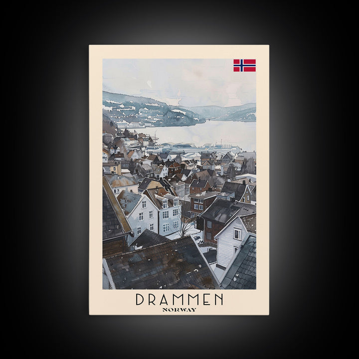 Drammen Norway Serene Landscape Framed Canvas Print, Watercolor Travel Poster, Norwegian Scenic Art, Tranquil Home Decor, Peaceful Wall Art, Living Room Beauty