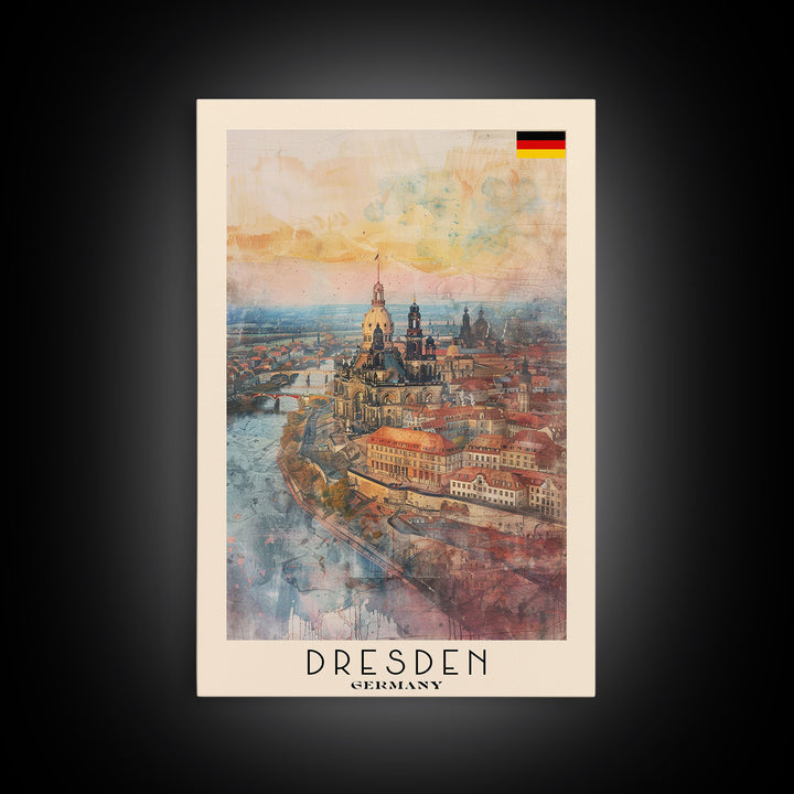 Dresden Germany Architectural Marvel Framed Canvas Print, Watercolor Travel Poster, German Historical Art, Elegant Home Decor, Classic Wall Art, Living Room Centerpiece