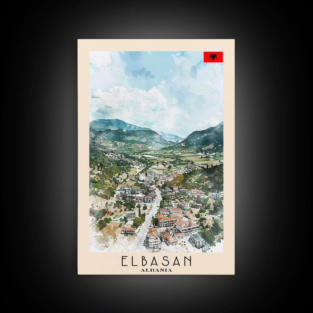 Elbasan, Albania Framed Canvas Print. Mountain Charm Wall Art for Living Room or Bedroom, Scenic Travel Poster Decor.
