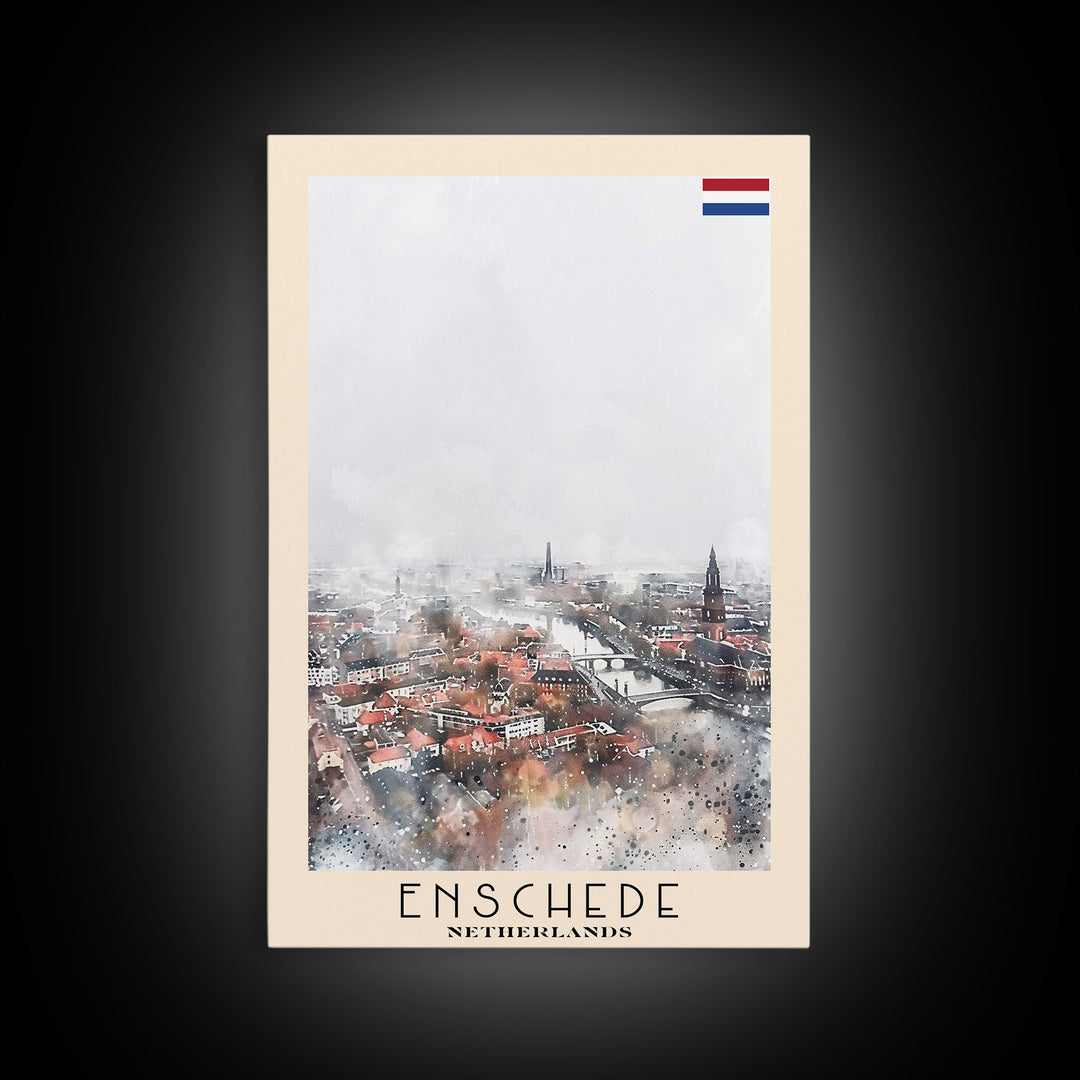 Enschede, Netherlands Framed Canvas Print. Urban Winter Wall Art for Living Room or Bedroom Decor, Travel Poster Art.