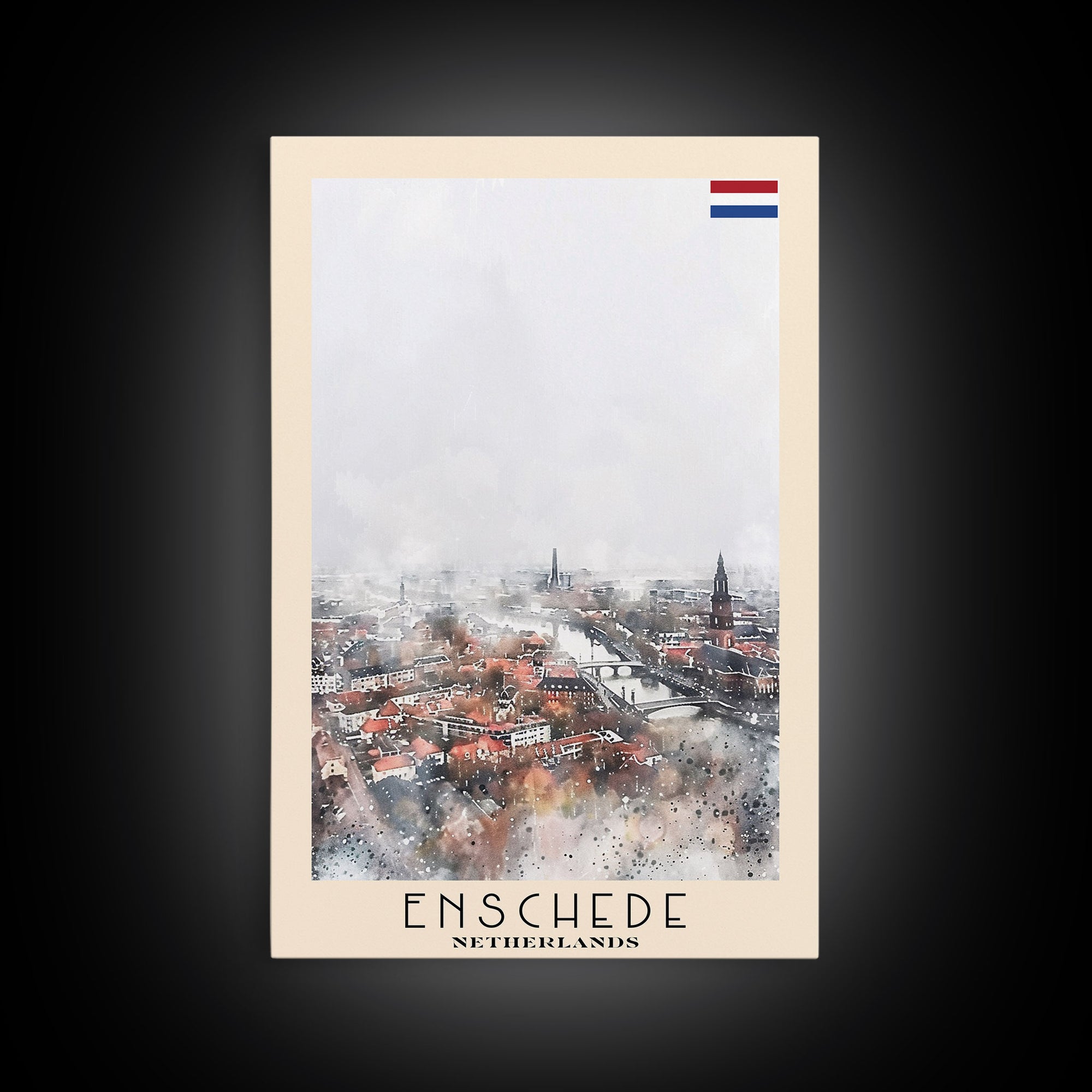 Enschede, Netherlands Framed Canvas Print. Urban Winter Wall Art for Living Room or Bedroom Decor, Travel Poster Art.