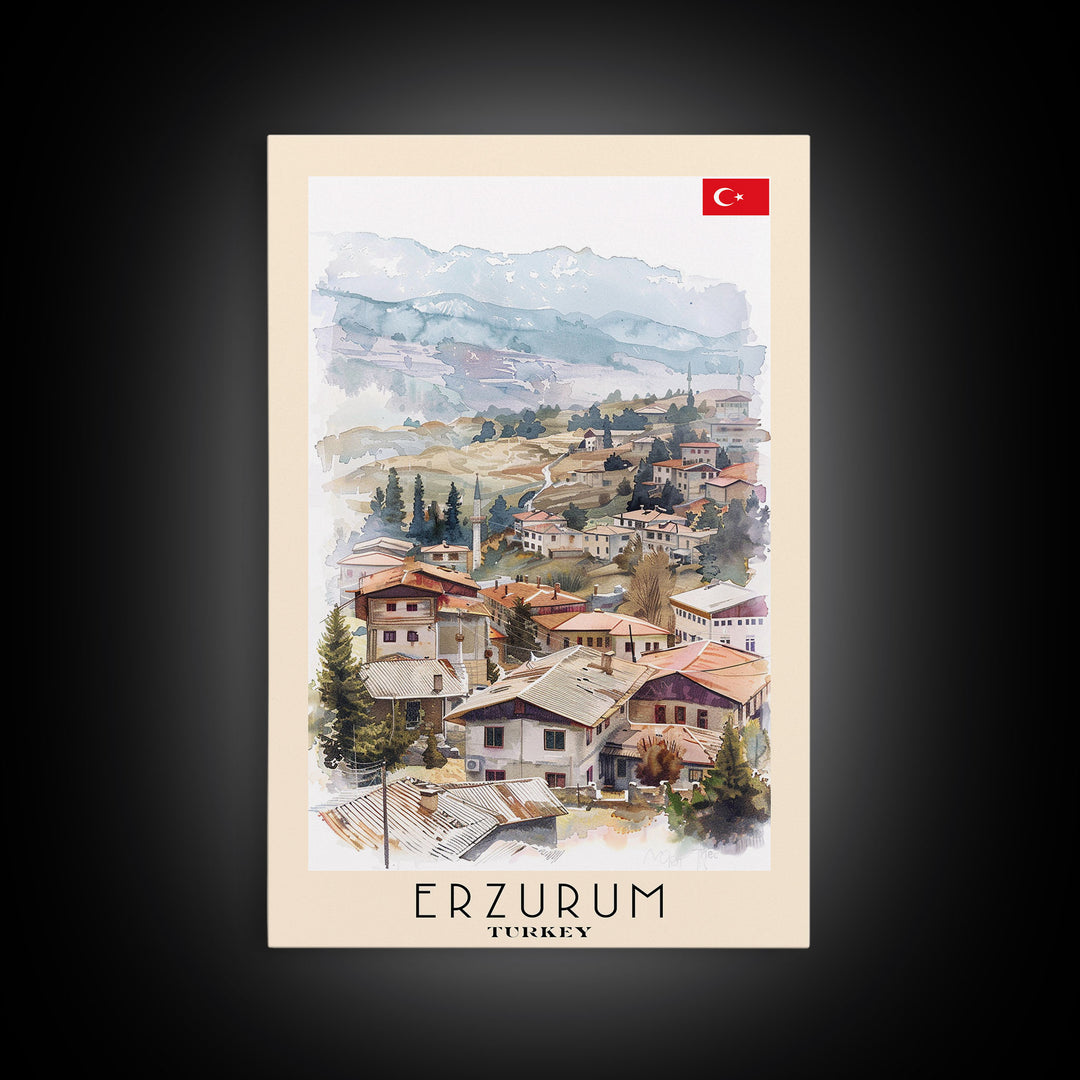 Erzurum Turkey Scenic Watercolor Framed Canvas Print, Stunning Travel Poster Art for Living Room and Bedroom Wall Decor