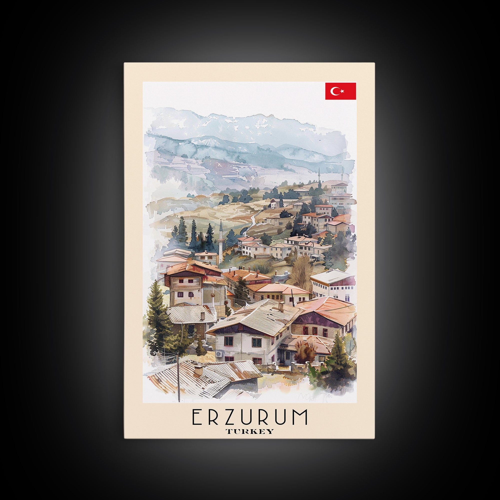 Erzurum Turkey Scenic Watercolor Framed Canvas Print, Stunning Travel Poster Art for Living Room and Bedroom Wall Decor