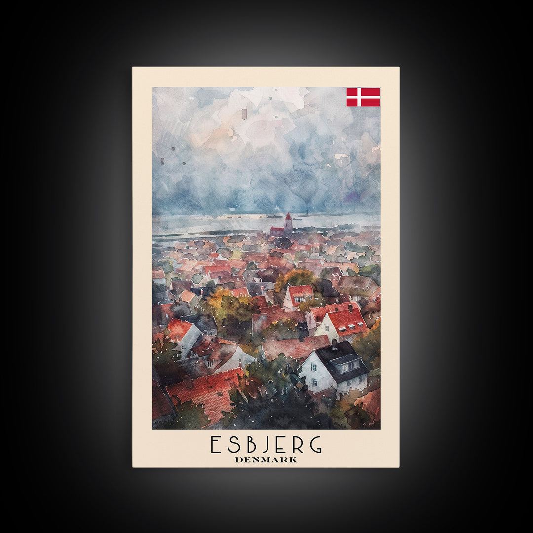 Esbjerg Denmark Skyline Watercolor Framed Canvas Print, Beautiful Travel Poster Art for Home and Office Wall Decor