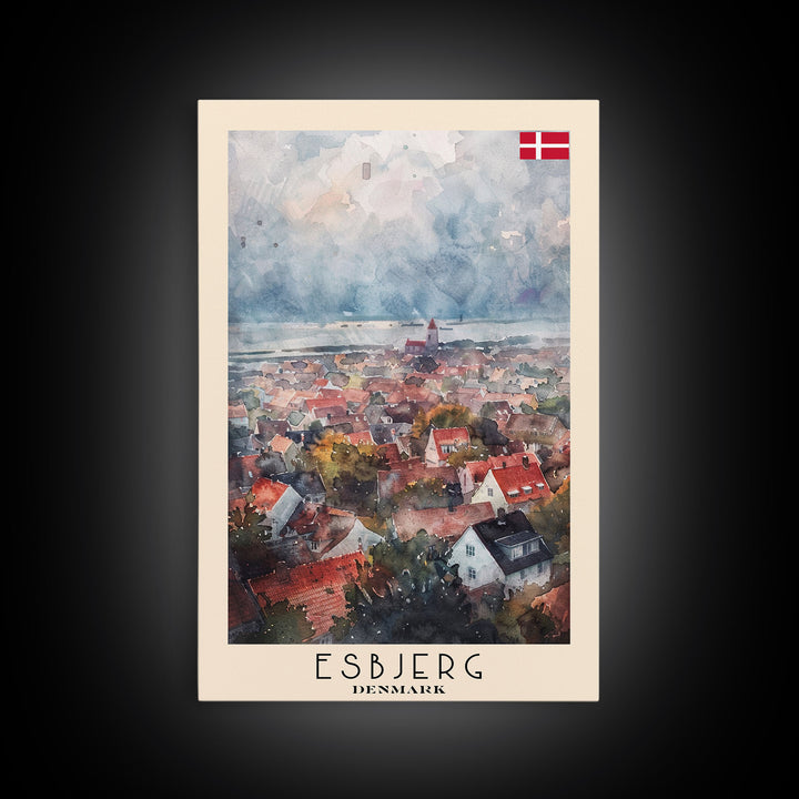Esbjerg Denmark Skyline Watercolor Framed Canvas Print, Beautiful Travel Poster Art for Home and Office Wall Decor