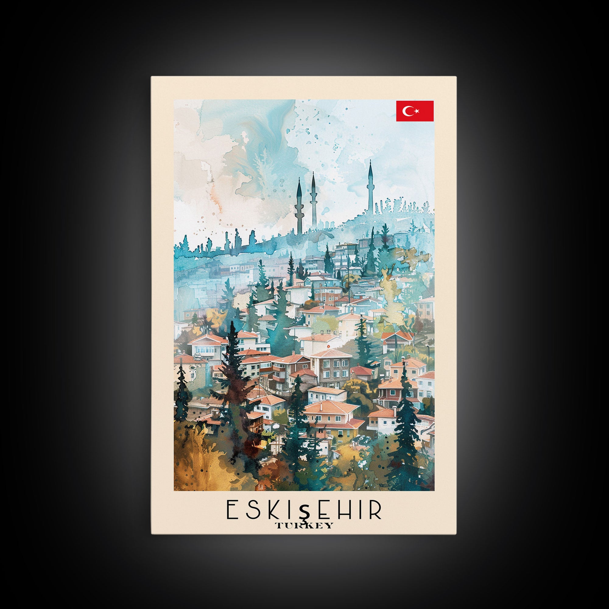 Eskisehir Turkey Charming Watercolor Framed Canvas Print, Captivating Travel Poster Art for Living Room and Bedroom Decor