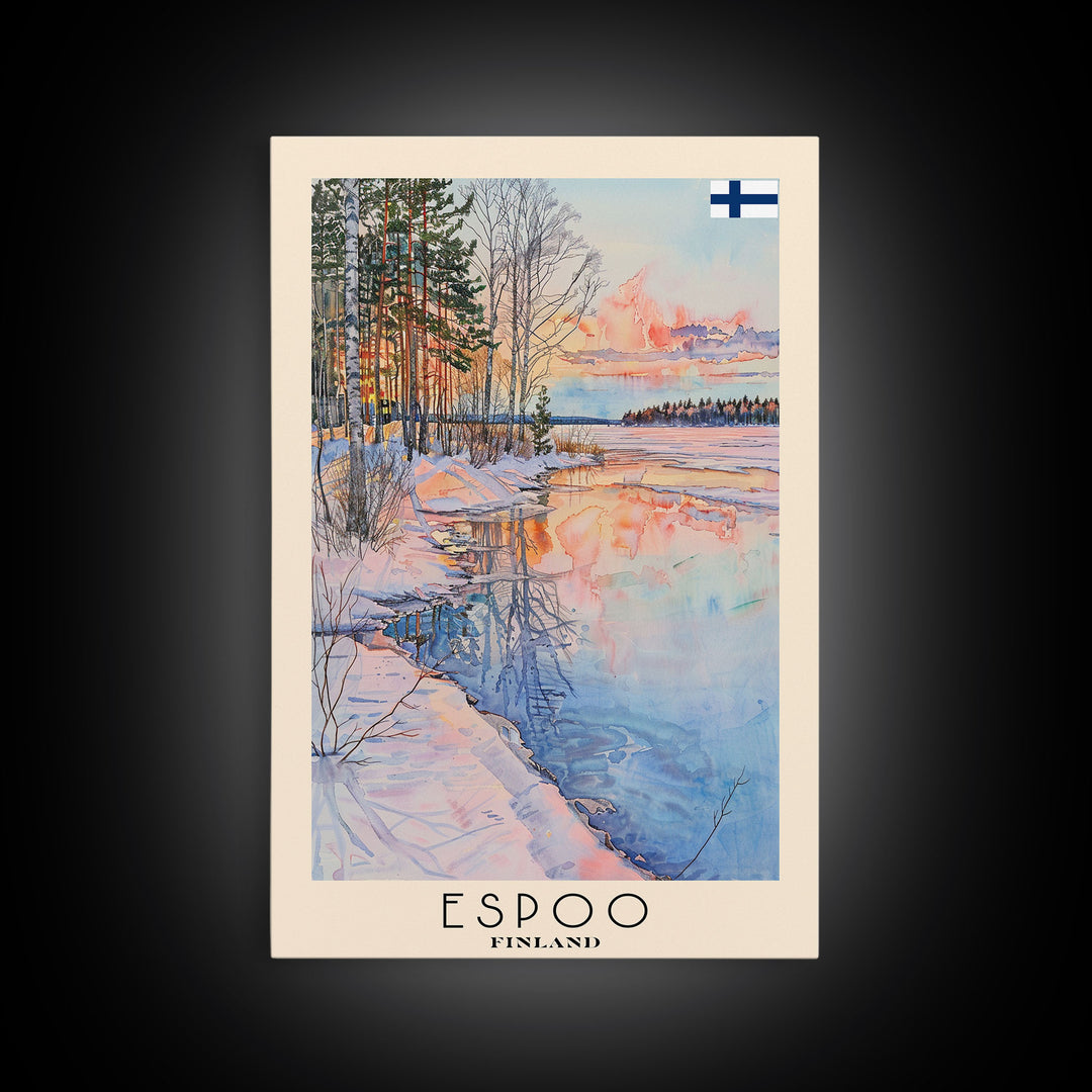 Espoo Finland Serene Landscape Watercolor Framed Canvas Print, Tranquil Travel Poster Art for Home and Office Wall Decor