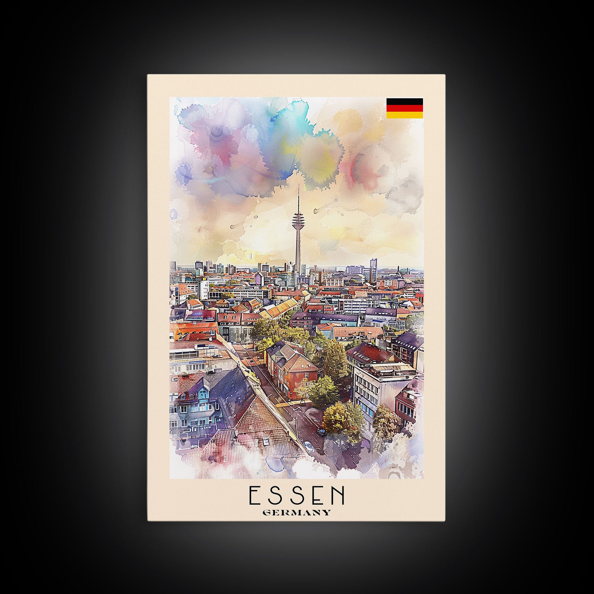 Essen Germany Vibrant Cityscape Watercolor Framed Canvas Print, Dynamic Travel Poster Art for Living Room and Bedroom Decor