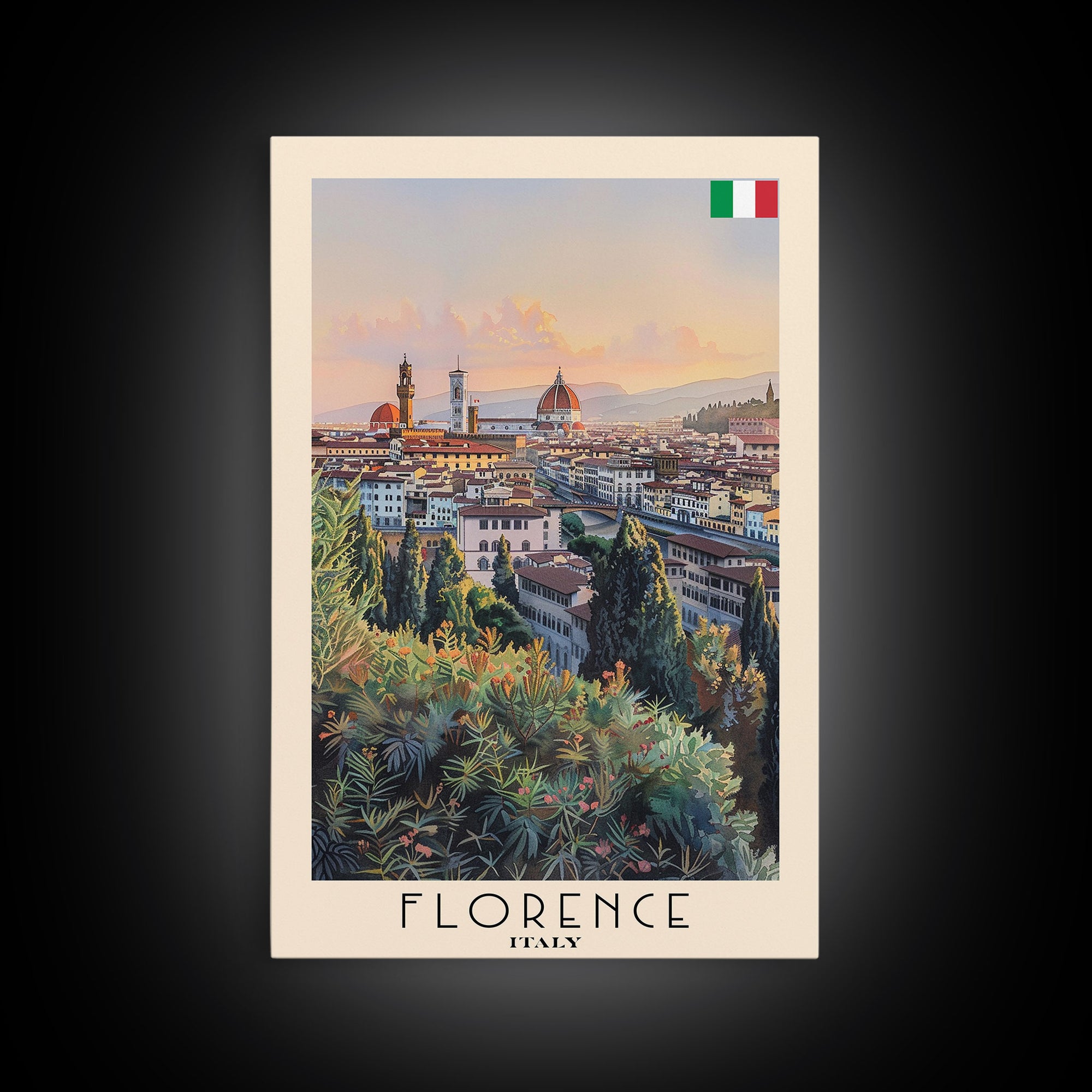 Florence Italy Iconic Watercolor Framed Canvas Print, Timeless Travel Poster Art for Home and Bedroom Wall Decor