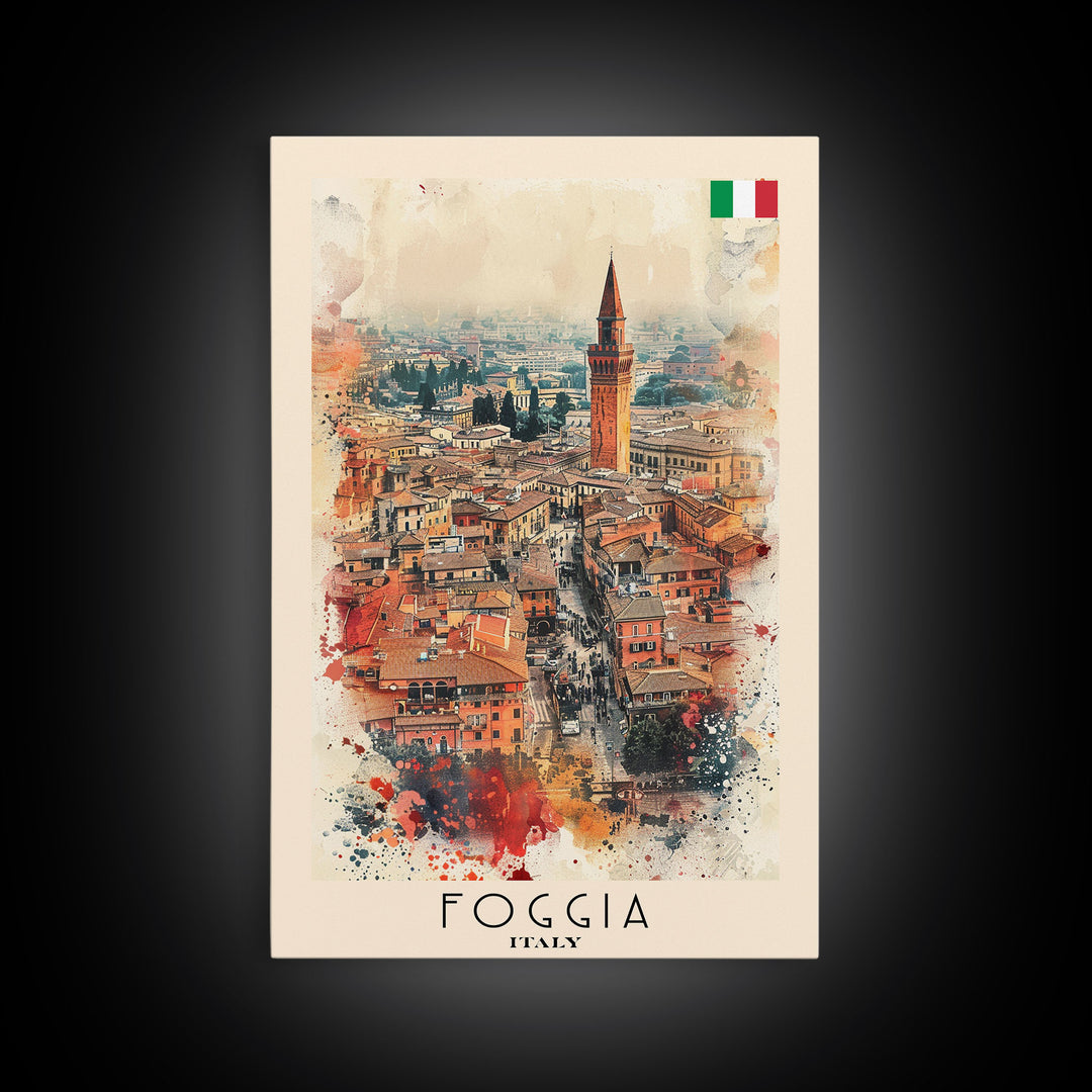 Foggia Italy Architectural Watercolor Framed Canvas Print, Striking Travel Poster Art for Living Room and Office Decor