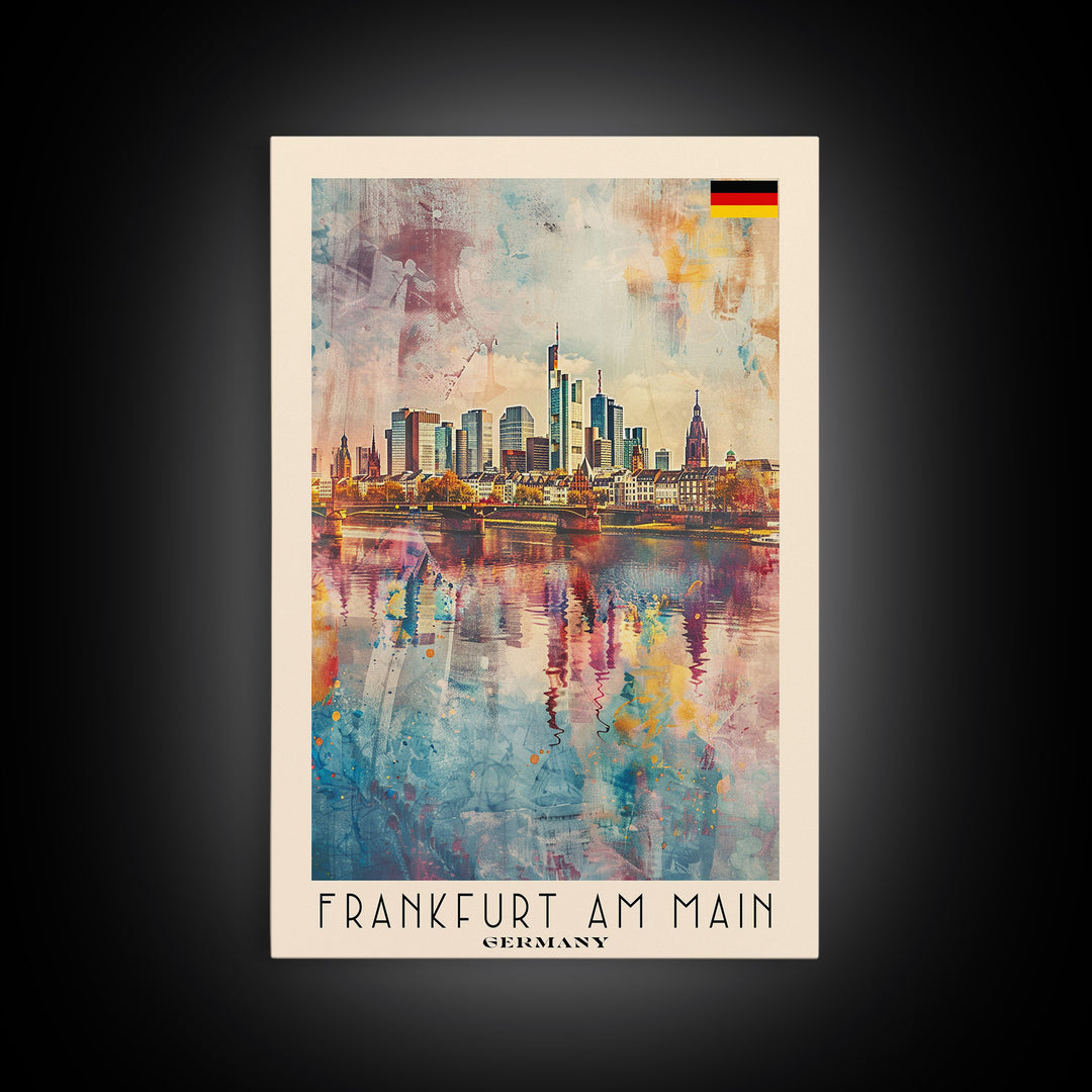 Frankfurt Germany Modern Skyline Watercolor Framed Canvas Print, Contemporary Travel Poster Art for Home and Office Wall Decor