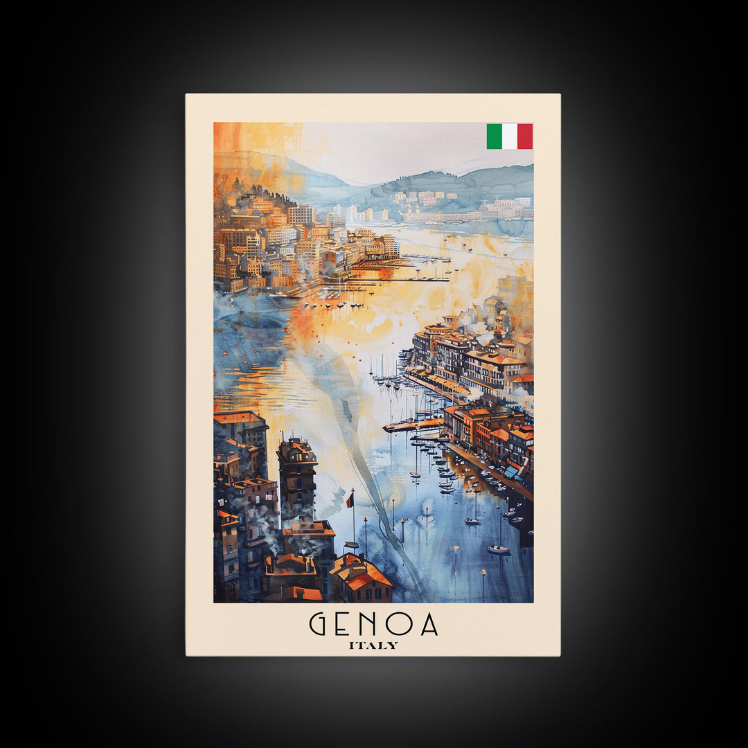 Genoa Italy Watercolor Cityscape Art, Framed Canvas Print, Wall Art for Living Room, Travel Poster Art, Home Decor, Italian Art