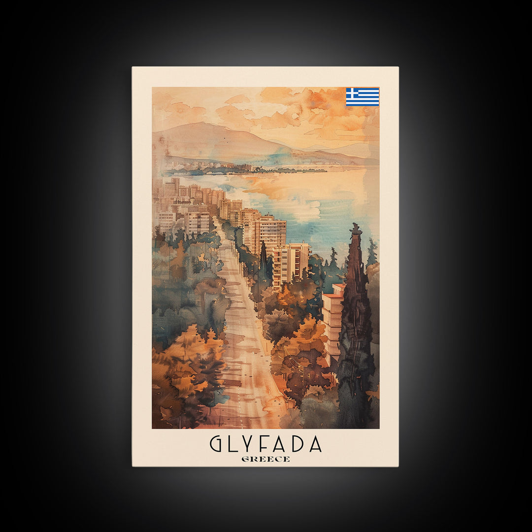 Glyfada Greece Coastline Art, Framed Canvas Print, Living Room Wall Art, Travel Poster, Home Decor, Greek Art
