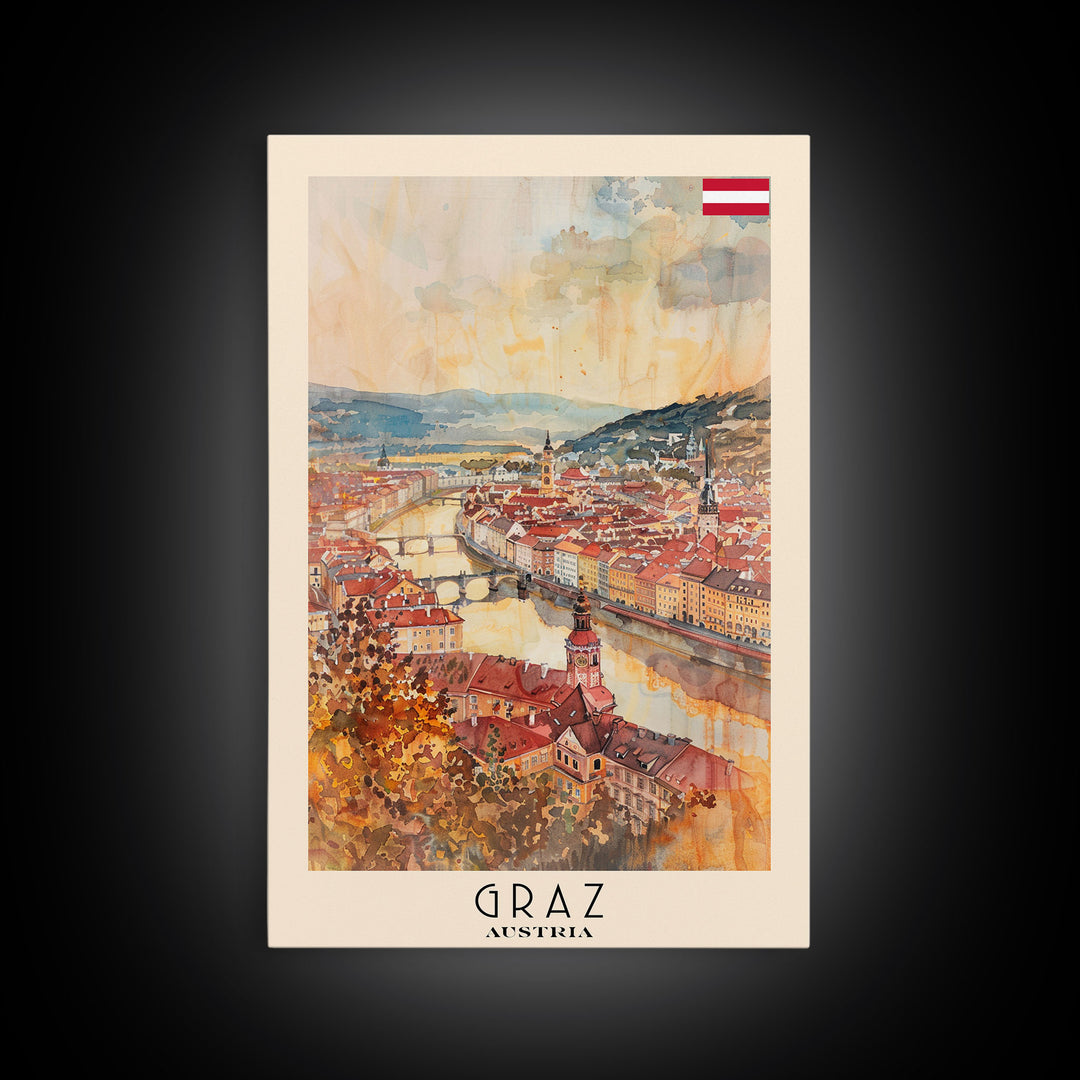 Graz Austria Watercolor Cityscape Art, Framed Canvas Print, Wall Art for Living Room, Travel Poster Art, Home Decor, Austrian Wall Art