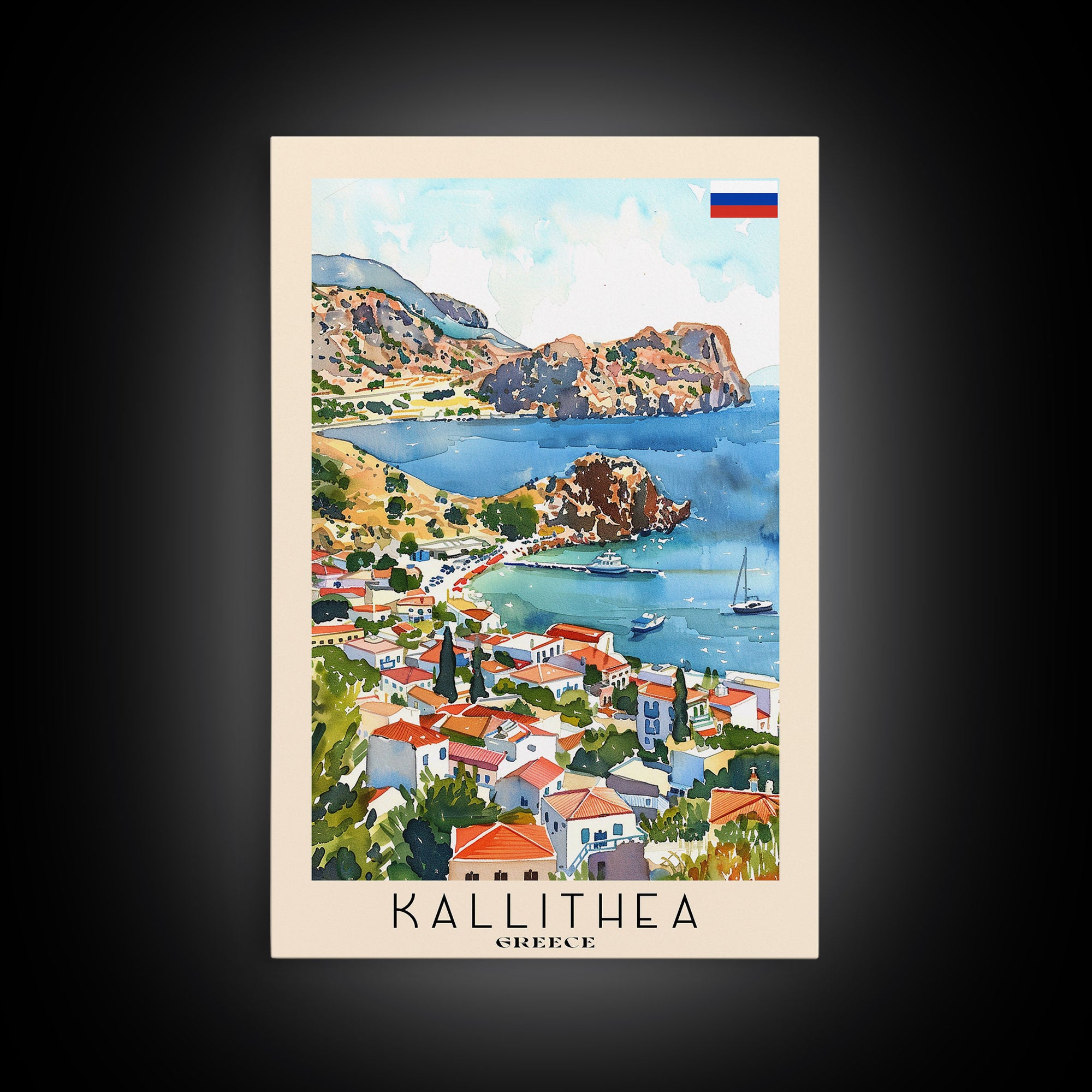 Kallithea Greece Coastal City View, Framed Canvas Print, Travel Poster, Mediterranean Wall Art, Living Room Decor, Greek Cityscape, Seaside Home Decoration
