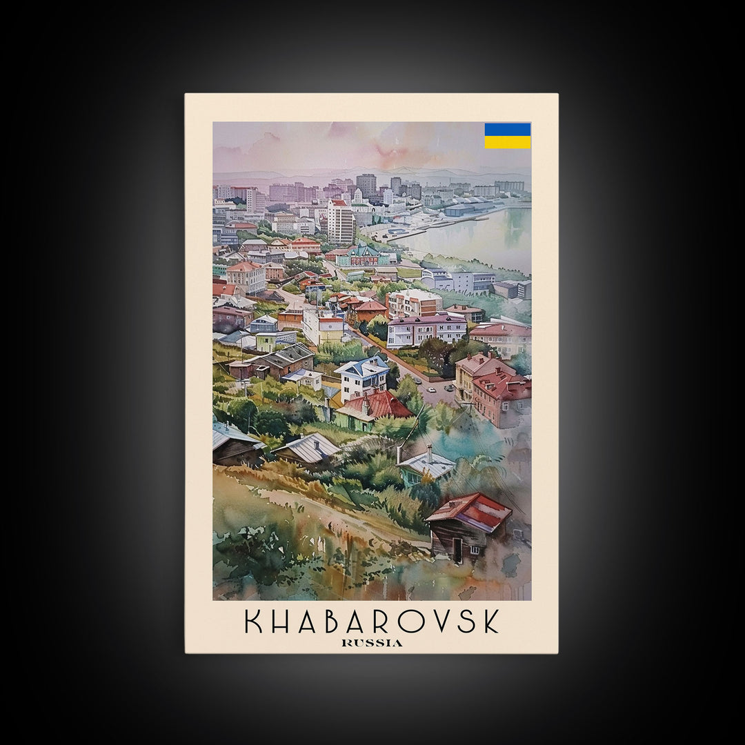 Khabarovsk Russia Riverside View, Framed Canvas Print, Travel Poster, Wall Art, Home Decor, Living Room Decoration, Russian Cityscape Art