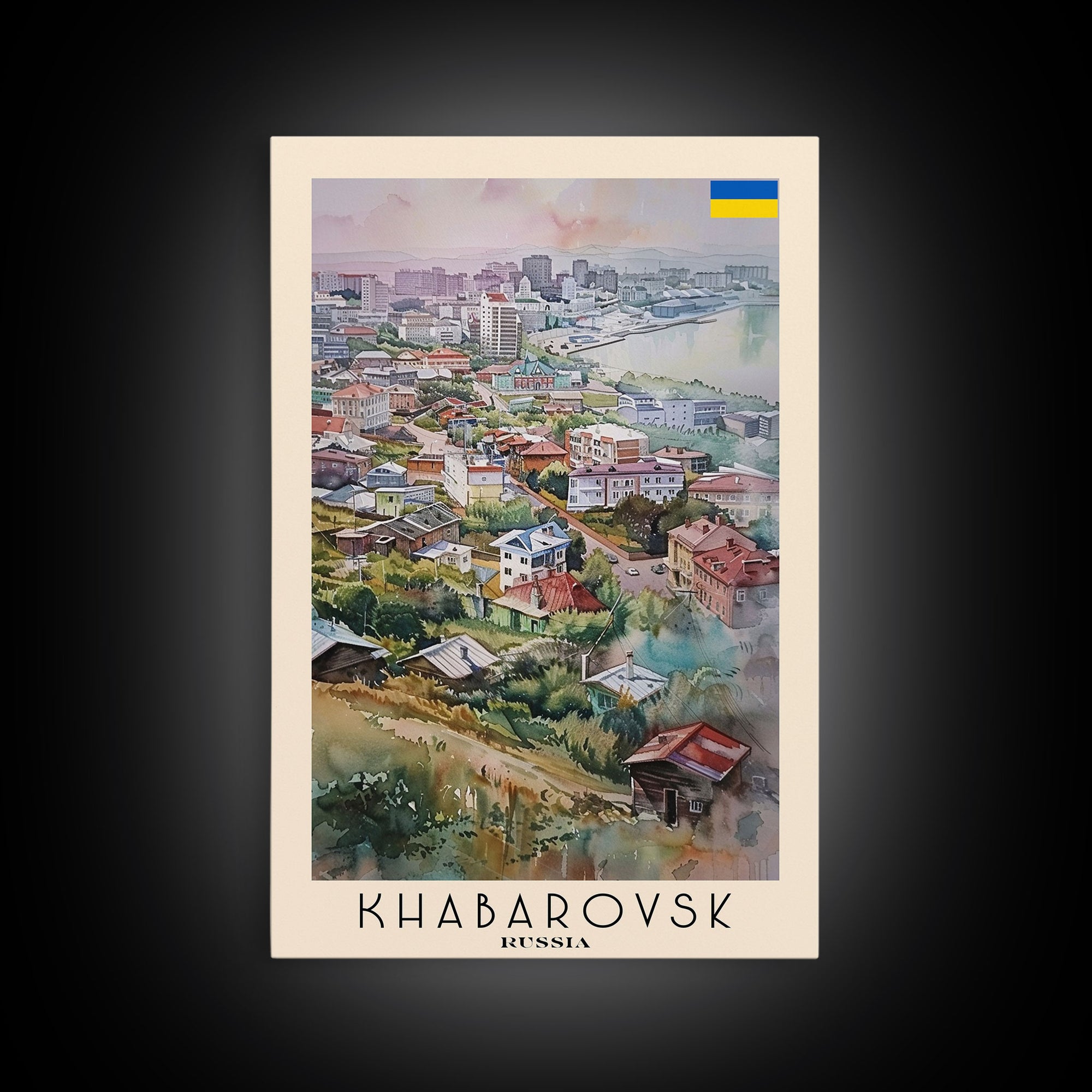 Khabarovsk Russia Riverside View, Framed Canvas Print, Travel Poster, Wall Art, Home Decor, Living Room Decoration, Russian Cityscape Art