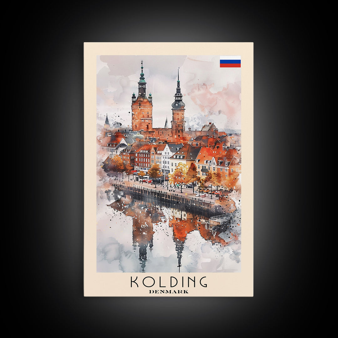 Kolding Denmark Waterfront View, Framed Canvas Print, Travel Poster, Wall Art, Kitchen Decor, Danish Urban Painting, Waterfront Scenery