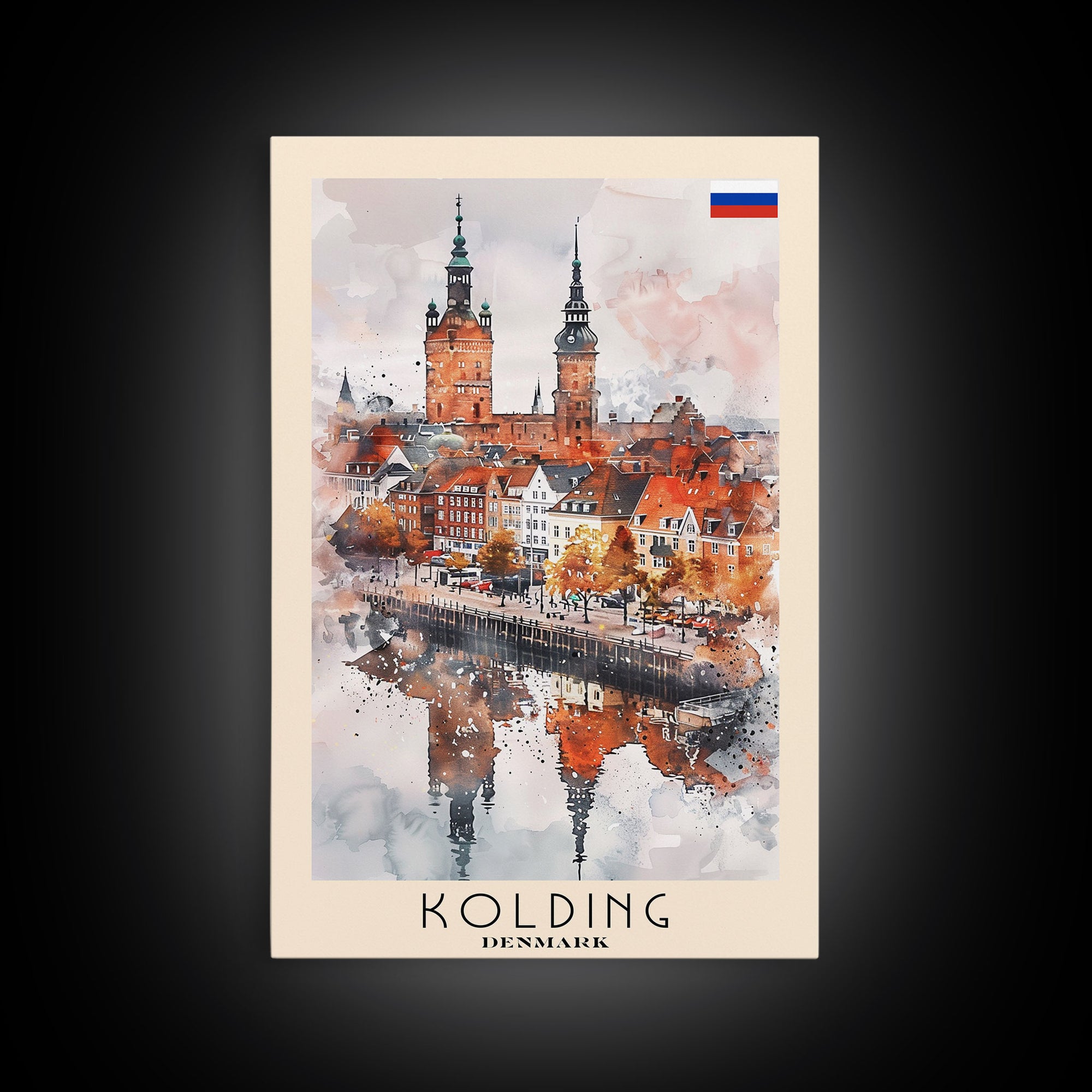 Kolding Denmark Waterfront View, Framed Canvas Print, Travel Poster, Wall Art, Kitchen Decor, Danish Urban Painting, Waterfront Scenery