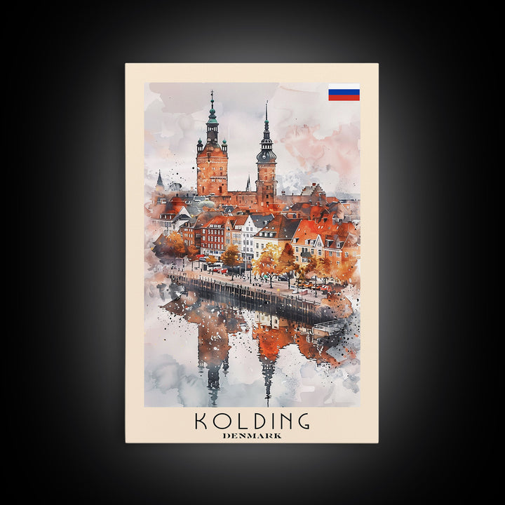 Kolding Denmark Waterfront View, Framed Canvas Print, Travel Poster, Wall Art, Kitchen Decor, Danish Urban Painting, Waterfront Scenery
