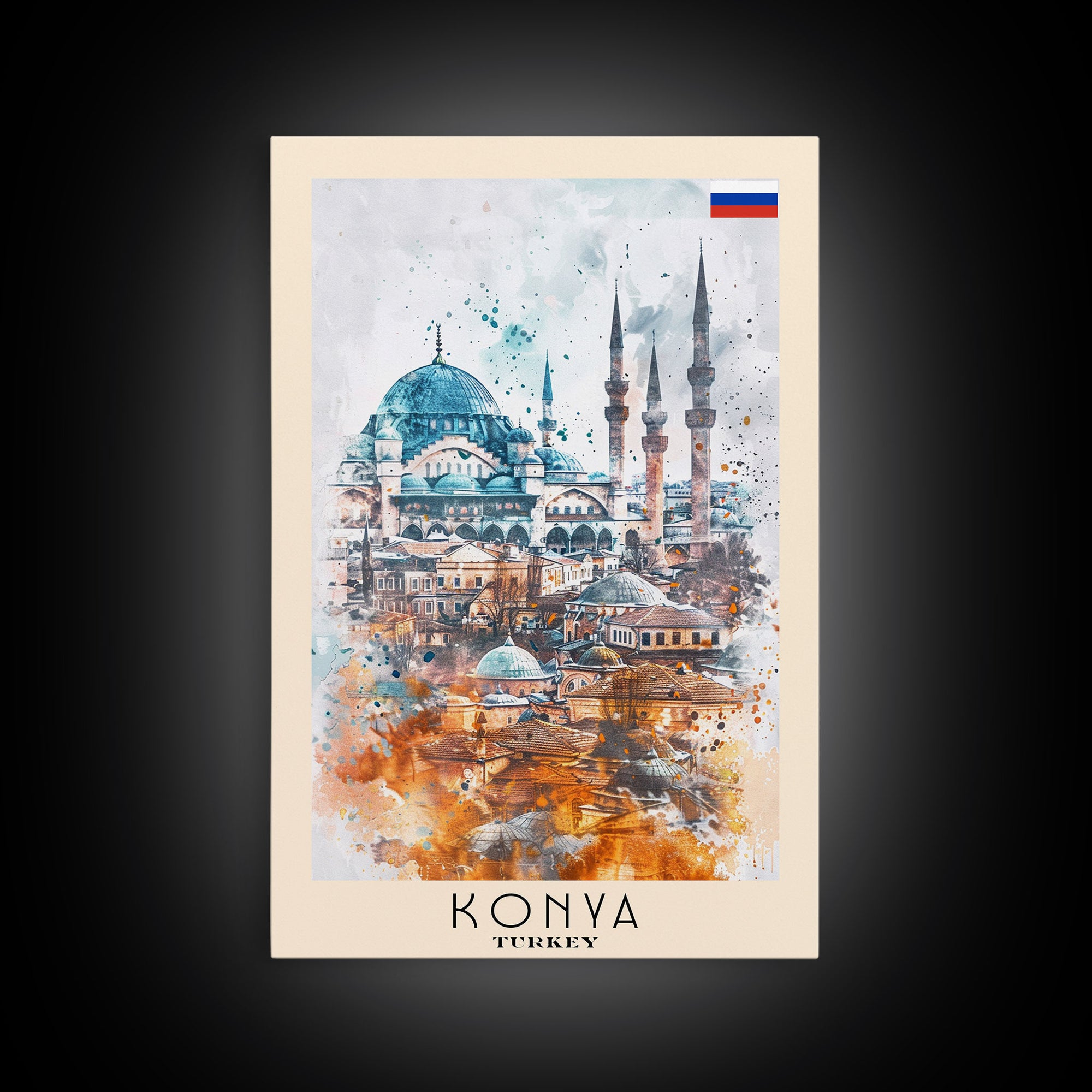 Konya Turkey Historic Cityscape, Framed Canvas Print, Travel Poster, Wall Art, Living Room Decoration, Turkish Heritage Artwork, Historical City Scene