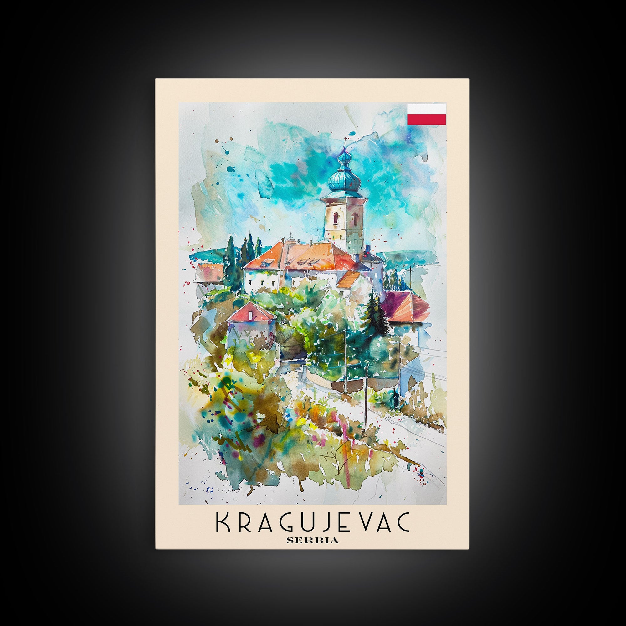Kragujevac Serbia Travel Poster Framed Canvas Print, Watercolor Painting, Boho Wall Art, Living Room Decor, Scenic Art, Travel Print