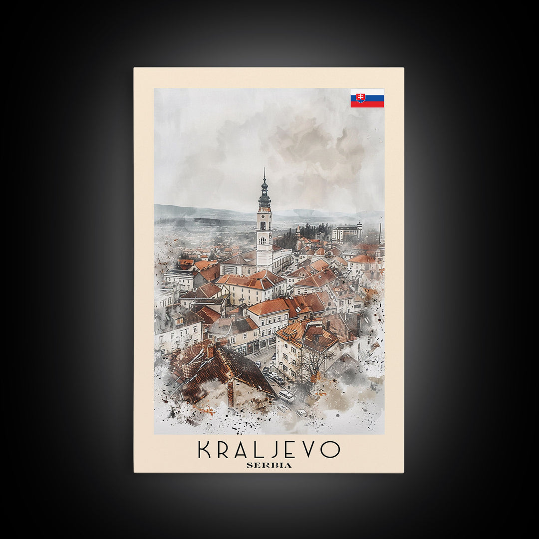 Kraljevo Serbia Travel Poster Framed Canvas Print, Urban Landscape, Watercolor Wall Art, Home Decor, Original Art, Travel Print