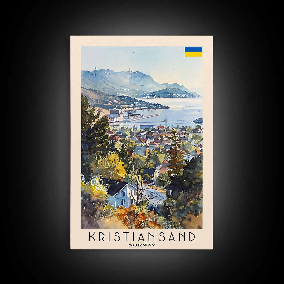 Kristiansand Norway Travel Poster Framed Canvas Print, Scenic Landscape Art, Watercolor Painting, Home Decoration, Travel Print, Artistic Gift